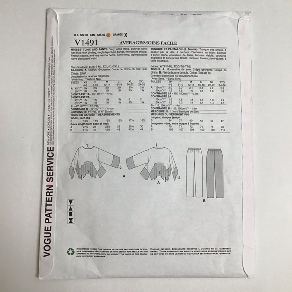 Vogue Zandra Rhodes Designer Sewing Pattern 1491 Tunic Pants Xsm-Med 4-14 FF UC - Picture 4 of 4